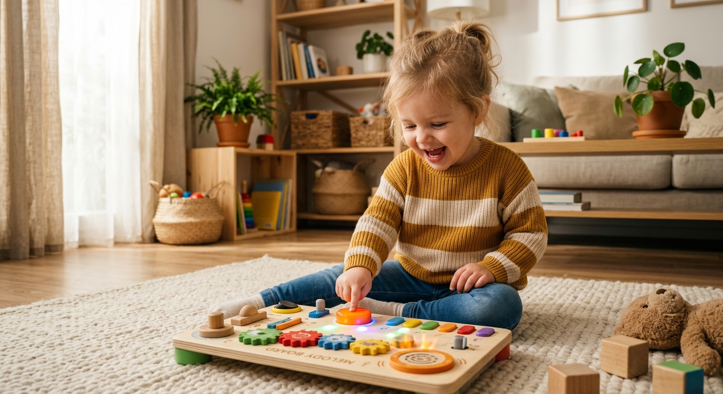 ילדה פעוטה מחייכת ומתלהבת משחקת בלוח פעילות אינטראקטיבי מעץ עם אורות, כפתורים וגלגלי שיניים, על שטיח בסלון מואר.